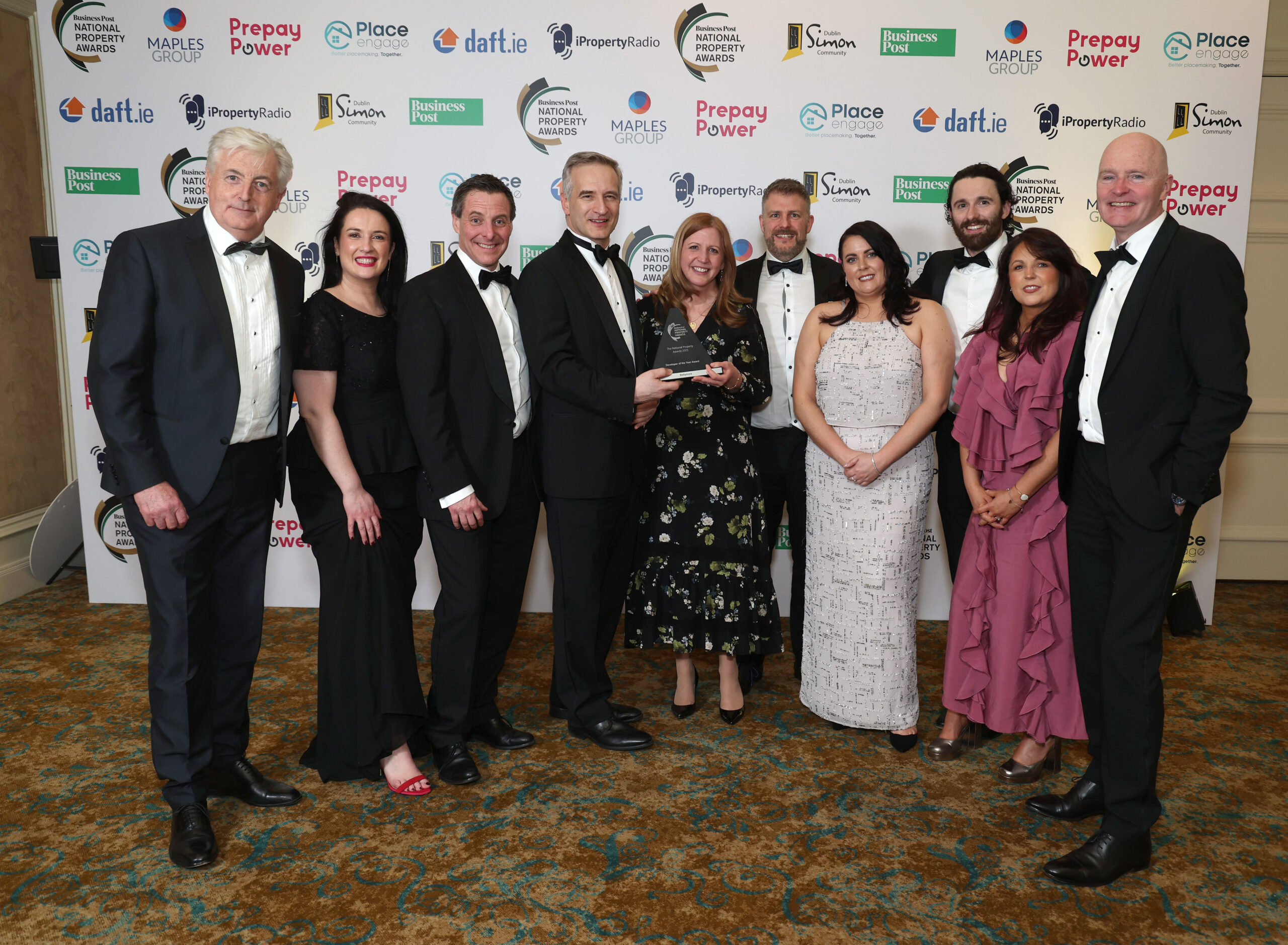 Thursday 27th February 2025; David Grindle, COO, PrepayPower presents Ballymore with the Developer of the Year Award at The National Property Awards 2025, Intercontinental Hotel, Dublin. Picture Credit: Damien Eagers